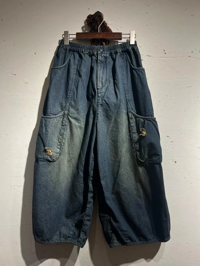 衣路走来原创设计纯棉复古做旧侧口袋宽松牛仔九分裤38760