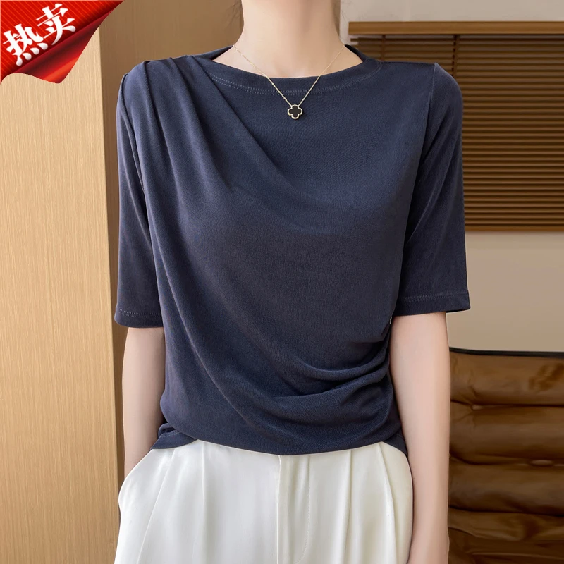 哥弟阿玛施正品一字领褶皱高级垂感短袖上衣醋酸气质T恤女薄款夏