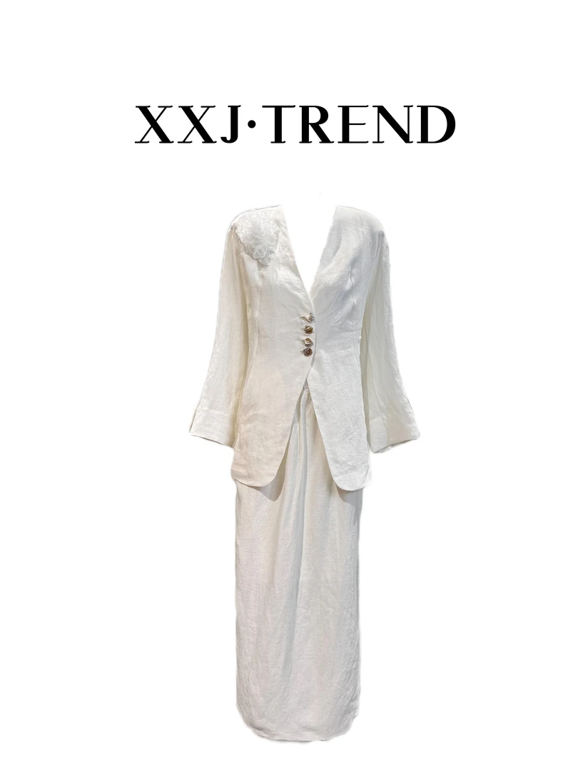 XXJ 初见 25年新款高级感西装套装复古亚麻西服半裙两件套（7278）