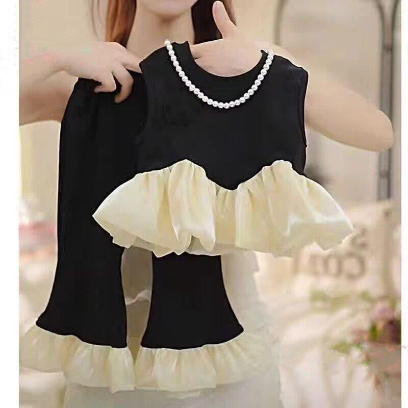 女宝宝韩系2025夏季新款时髦洋气荷叶边背心拼接微喇裤子两件套潮