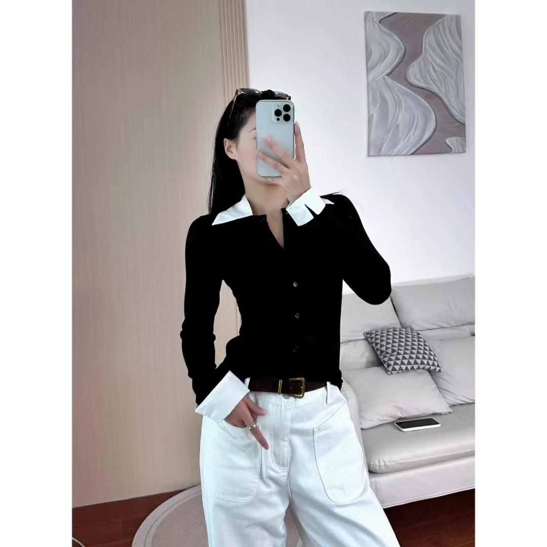 Yihouse2025春季新款韩系风翻领假两件针织衫女气质百搭上衣