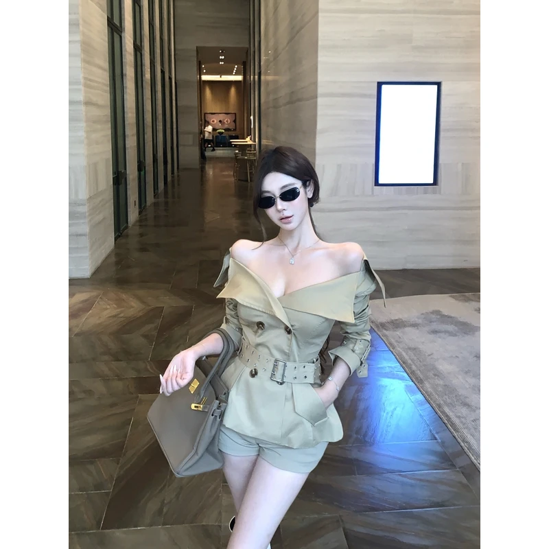 卡其色复古气质大翻领收腰开衫上衣女秋双排扣小个子短款风衣外套