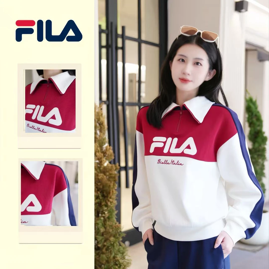 FILA/斐乐女装秋冬时尚撞色休闲长袖上衣翻领宽松卫衣F51W549298A