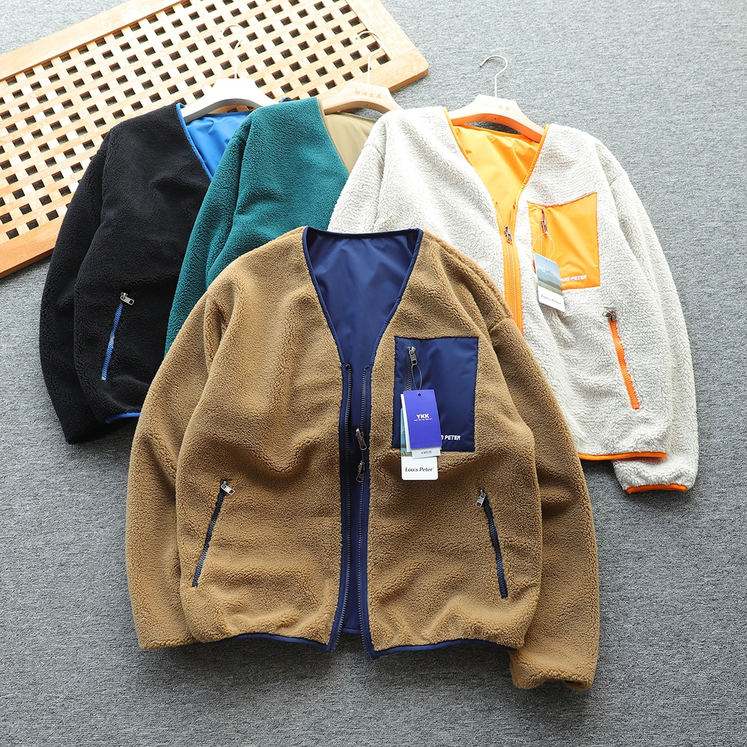 日单 复古拼色男女无领双面穿户外摇粒绒外套加绒加厚外套