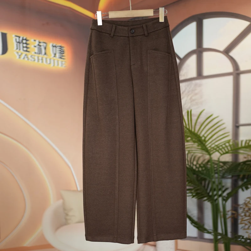 醋酸绵羊毛小弯刀阔腿裤女秋冬新款宽松显瘦高腰休闲长裤保暖显瘦