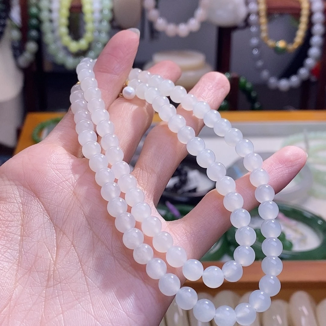 和田玉新疆银镶羊脂白玉项链6MM未镶嵌