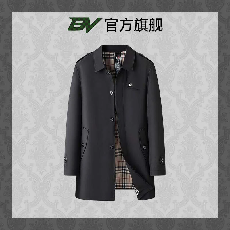 BV风衣春秋装加大码男士中长款商务英伦特大号宽松翻领纯色外套