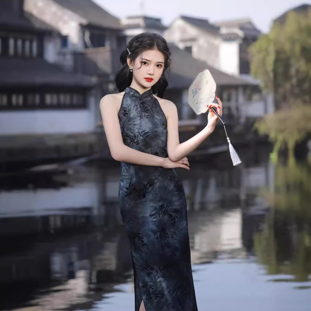 日常单旗袍气质中国风夏季无袖旗袍提花复古修身黑色蕾丝显瘦ins