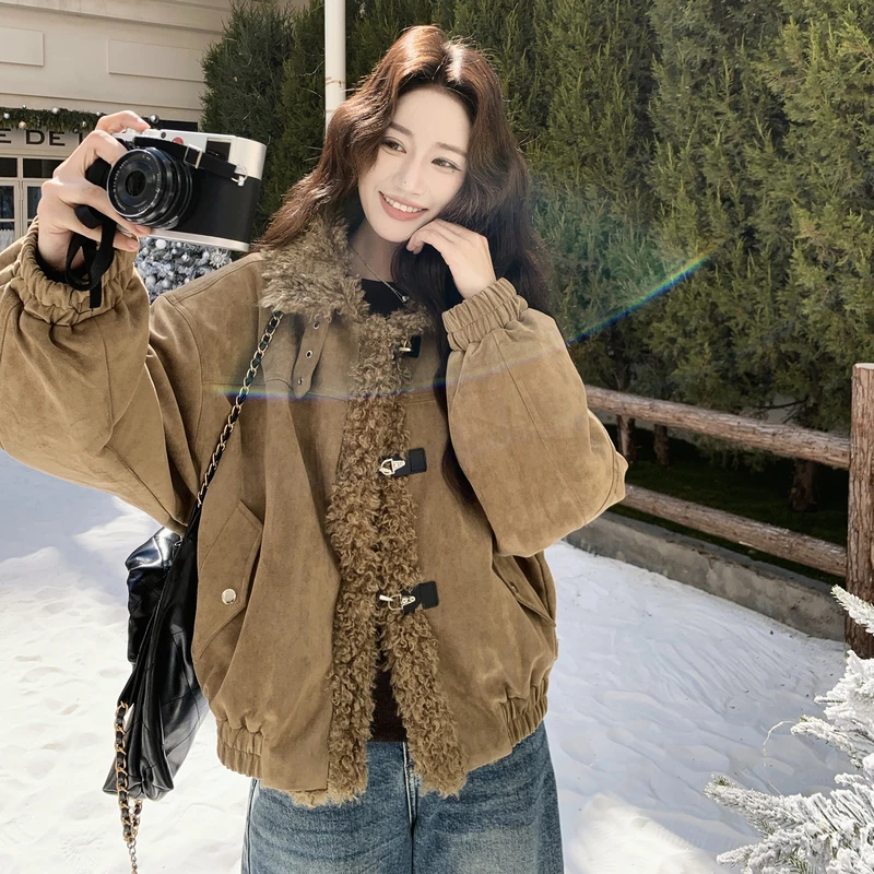 美式工装风派克服羊羔毛拼接夹棉外套女冬季2025新款保暖气质棉服