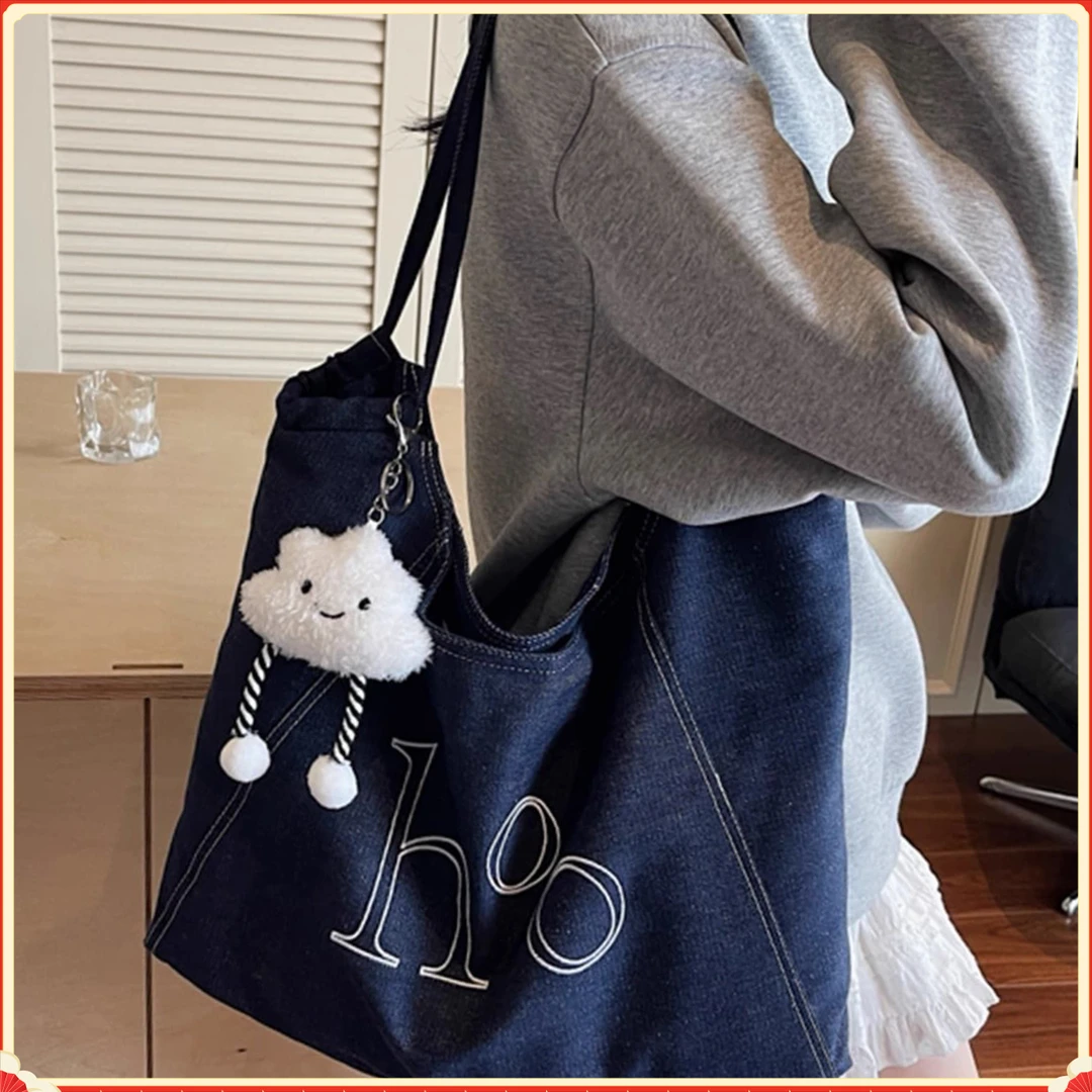 松弛感牛仔包包女大容量单肩刺绣帆布袋慵懒风百搭通勤腋下包G