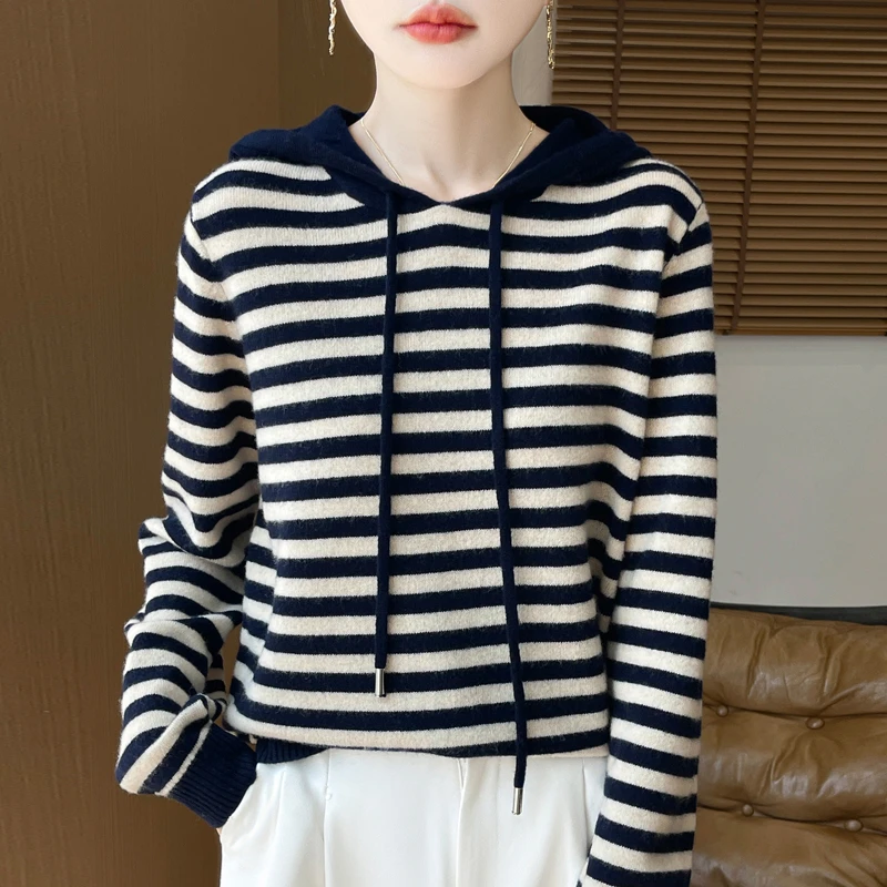 太爱这个拼色~新款条纹帽衫长袖套头羊毛衫女毛衣针织衫