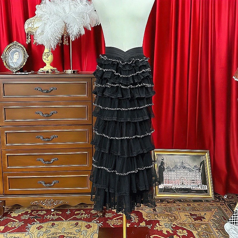 【荔枝版】夏季2023新款重工网纱黑色珠片半身裙