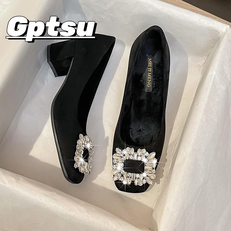 GPTSu方头高跟鞋女春夏款水钻方扣百搭职业软底粗跟黑色绒面单鞋