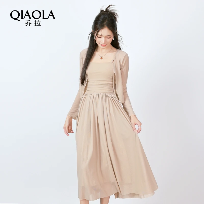 QIAOLA/乔拉【温柔长街】夏季弹力网纱压褶A版显瘦百搭高级套装