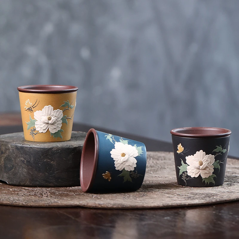 宜兴原矿紫砂泥双色粉浆手工茶具单杯紫砂主人杯