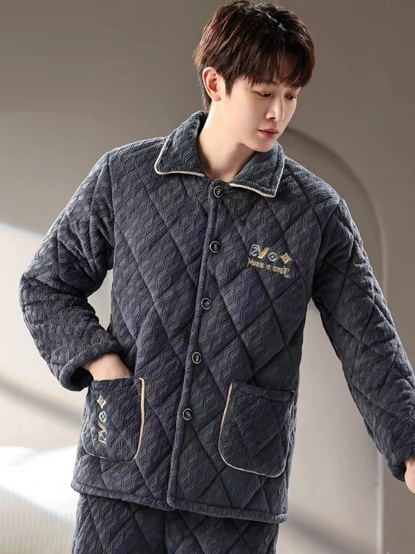 男士睡衣简约秋冬季加厚珊瑚绒三层夹棉冬款