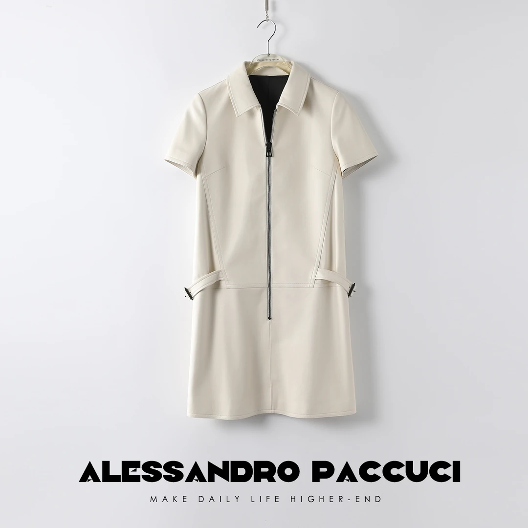 【孤品不退换】洛哥23302X奢品轻涂小羊皮翻领皮质连衣裙