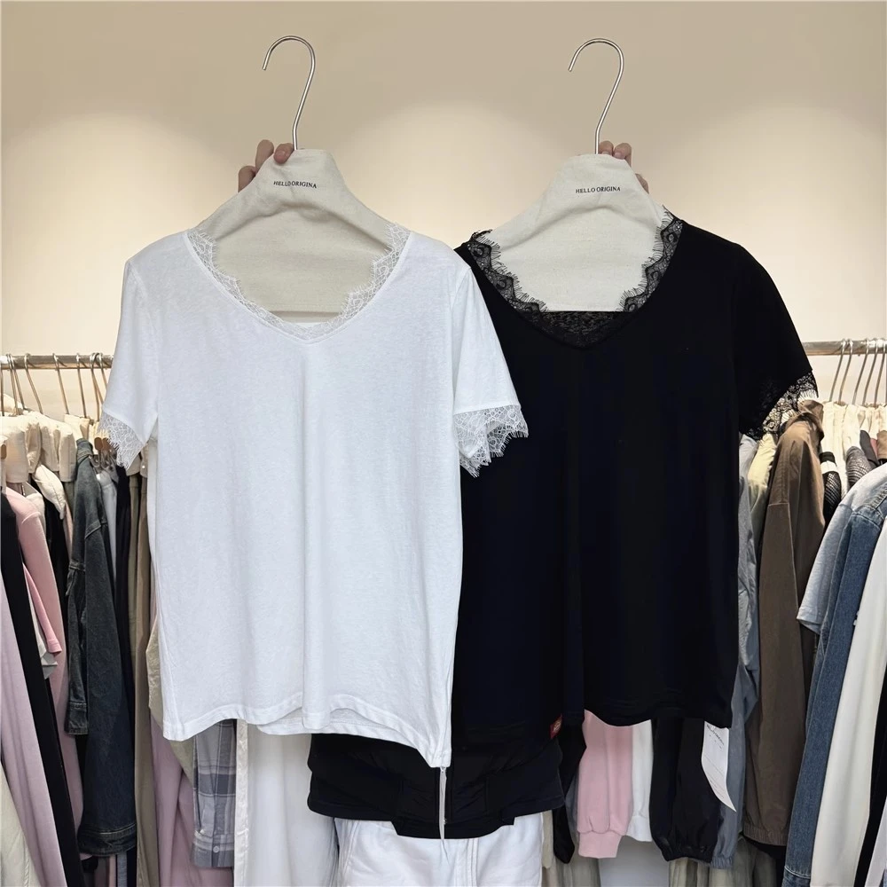 纯欲风V领拼接蕾丝花边短袖T恤女2025春夏休闲宽松洋气减龄上衣潮