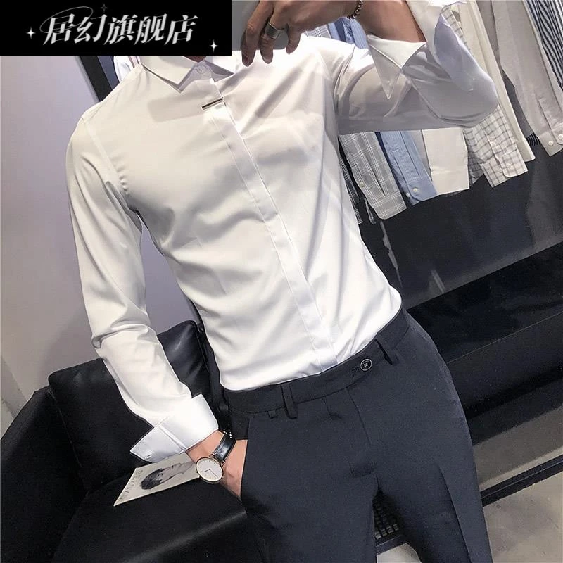 居幻男修身长袖宽松型保暖简约衬衫百搭网红男士帅气潮流衬衣白色