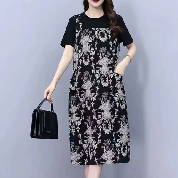 假两件印花连衣裙女夏2025新款遮肚显瘦气质中长不规则a字裙