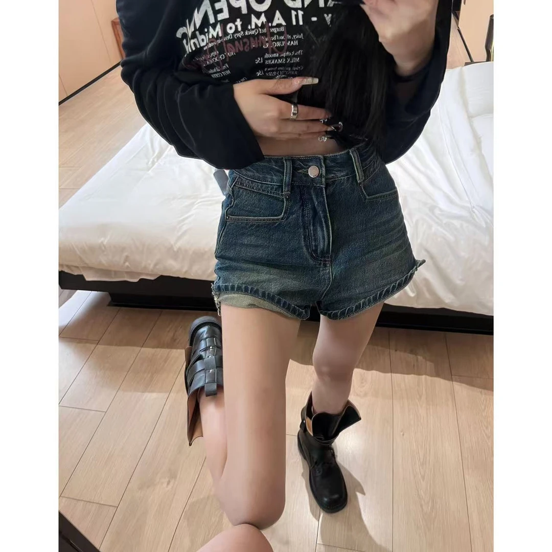 Mao 夏季新款时尚高腰蓝色牛仔水洗显瘦辣妹阔腿热裤女H7111