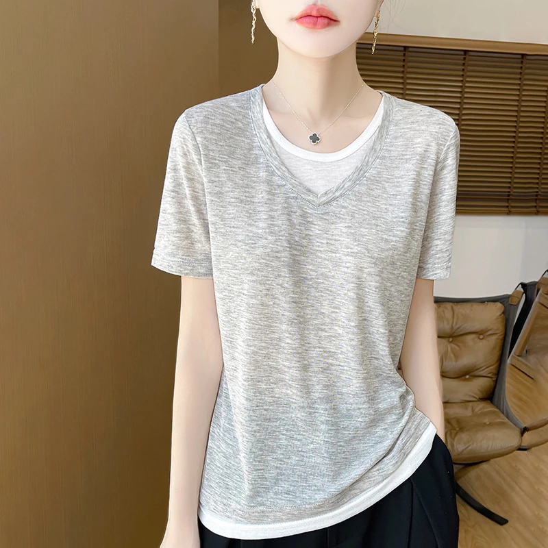 哥弟阿玛施正品新款夏假两件拼色T恤薄款圆领显瘦松弛感短袖上衣