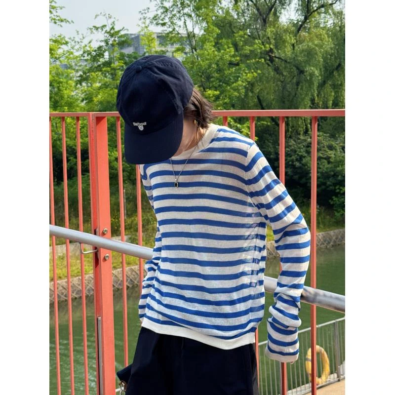 LANGQING 蓝白宽松圆领防晒亚麻天丝条纹针织衫160087#