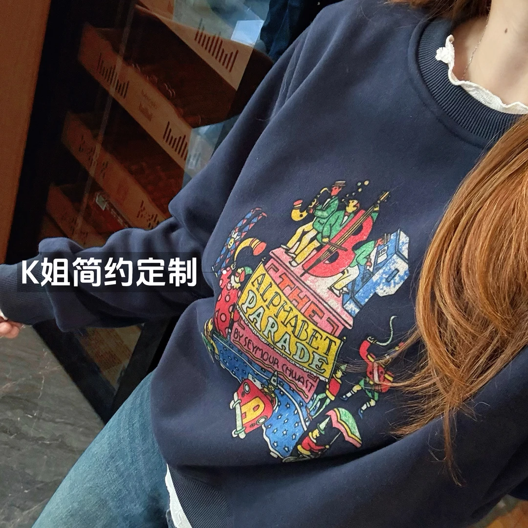 GTNER"KK定制"早秋新款卡通印花套头卫衣宽松圆领上衣D2100