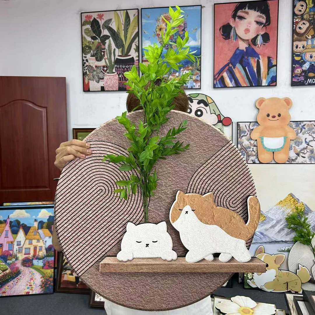 BB圆形猫咪棕绿植装饰入户走廊卧室客厅背景墙挂画