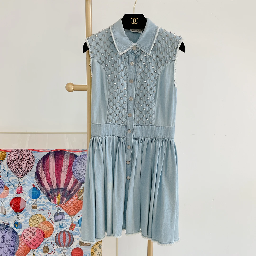 95新 BALMAIN/巴尔曼 牛仔无袖连衣裙/1000470016005