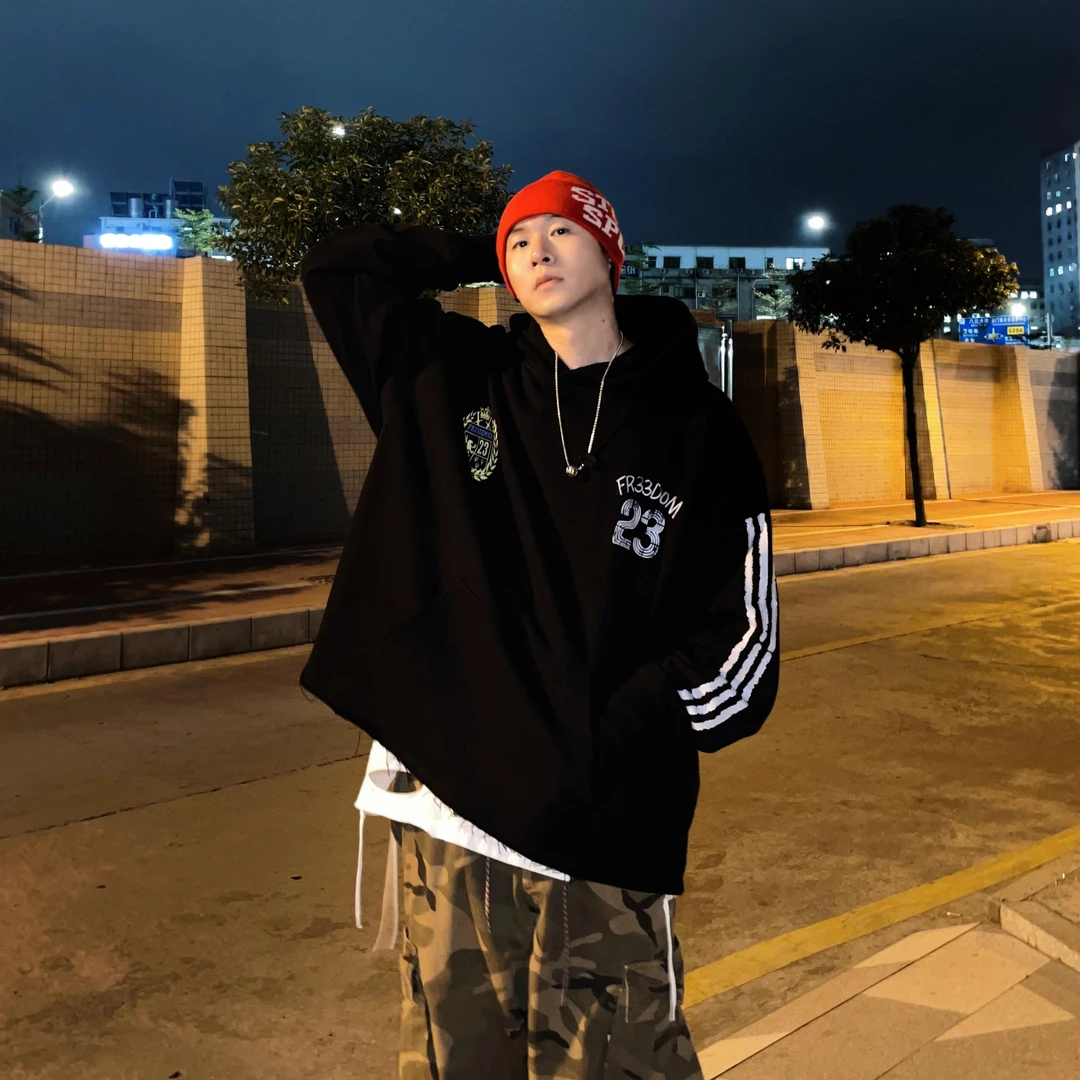 A【指套卫衣】美式复古露指洞印花帽衫潮牌毛圈破坏卷边连帽卫衣男