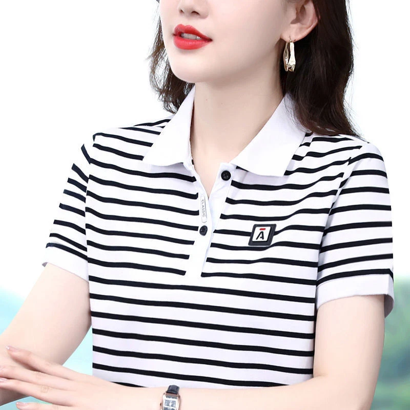 801黑白条纹妈妈翻领短袖t恤女夏季polo中年人运动休闲上衣大码
