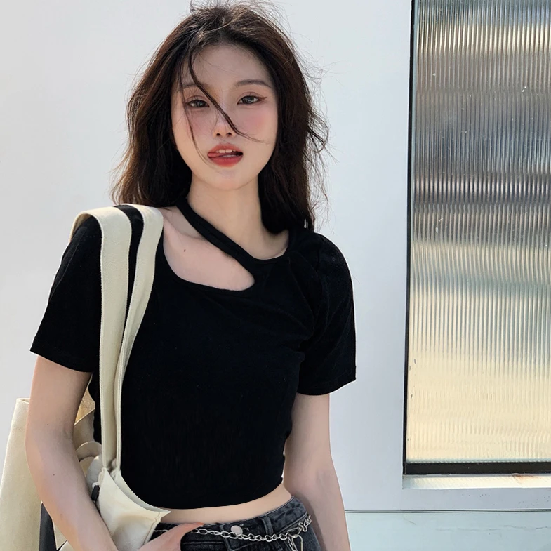 白色短袖t恤女女装爵士跳舞上衣服甜辣服装性感露肩露脐镂空短款