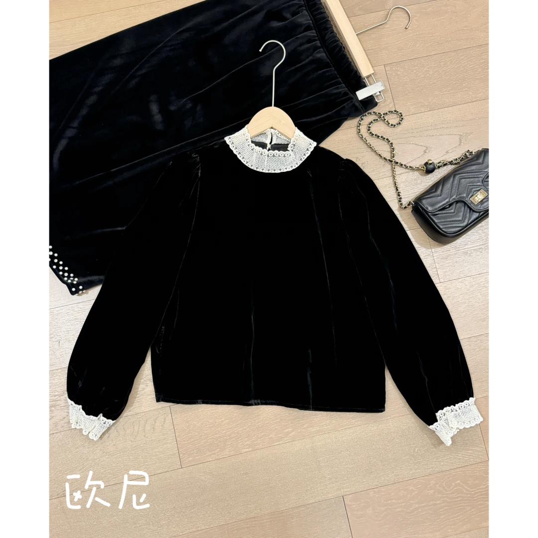 2025早春新款蕾丝拼接丝绒衬衫打底上衣2412B6326