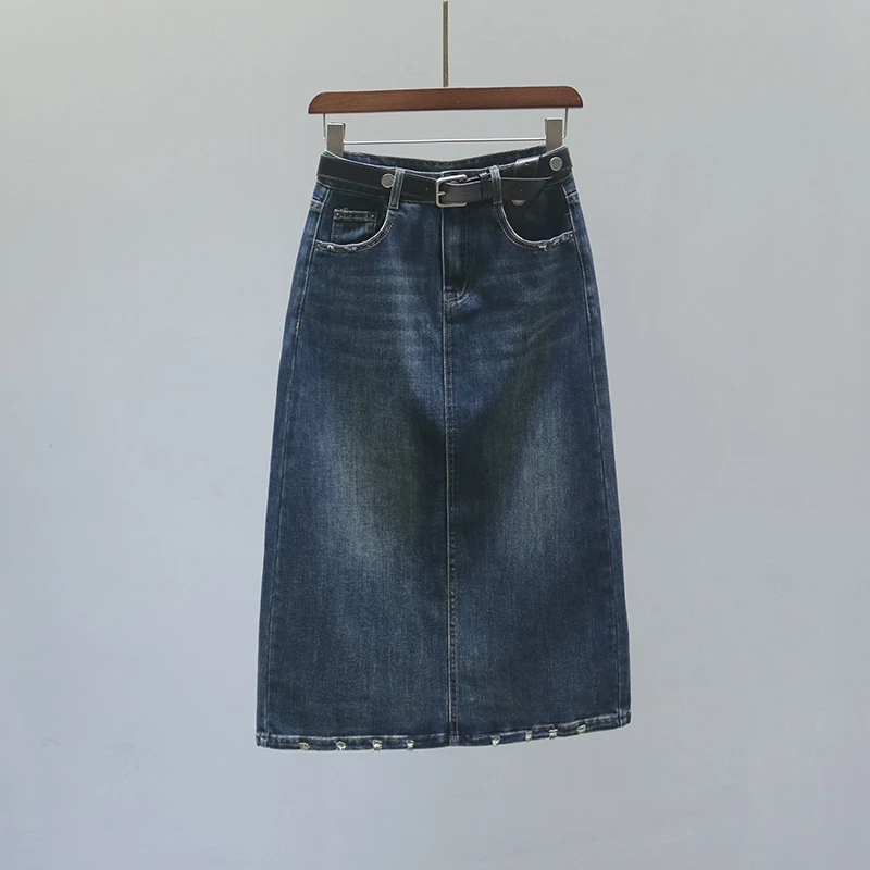 2025秋季新款高腰牛仔半身裙女欧货复古中长款开叉包臀显瘦A字裙