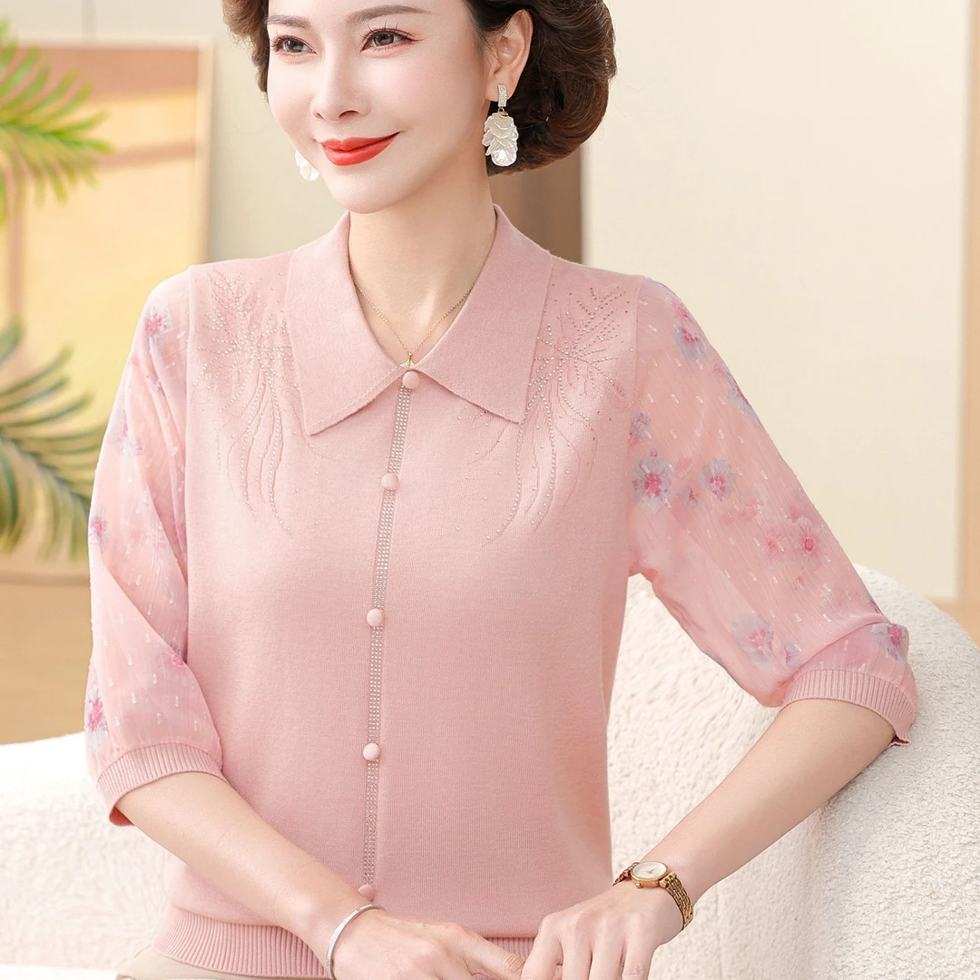 妈妈装2025春装新款纱袖小衫中老年女夏季薄款T恤春秋气质上衣服