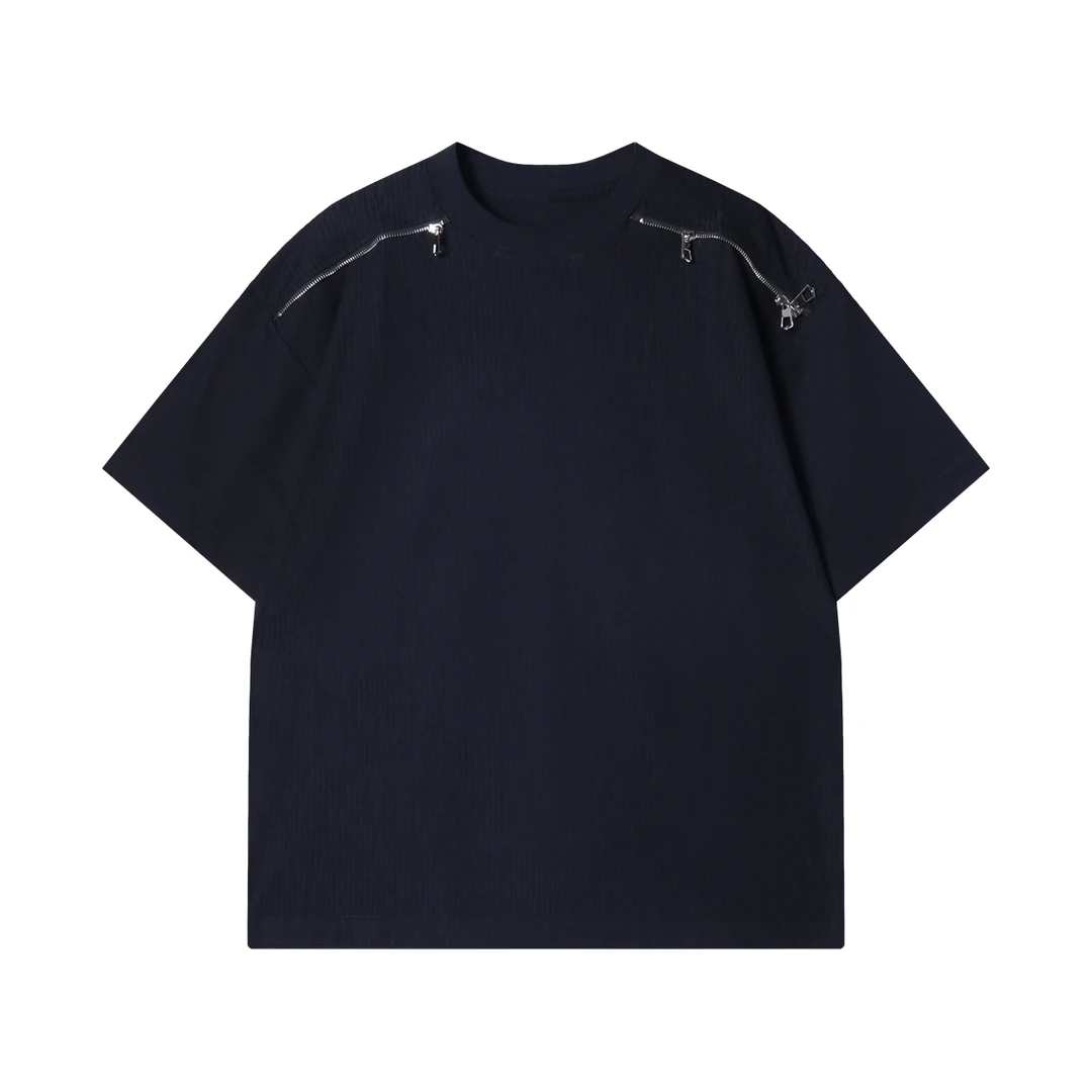 夏季高级感新款韩版纯色肌理感拉链装饰圆领短袖T恤嘻哈百搭上衣