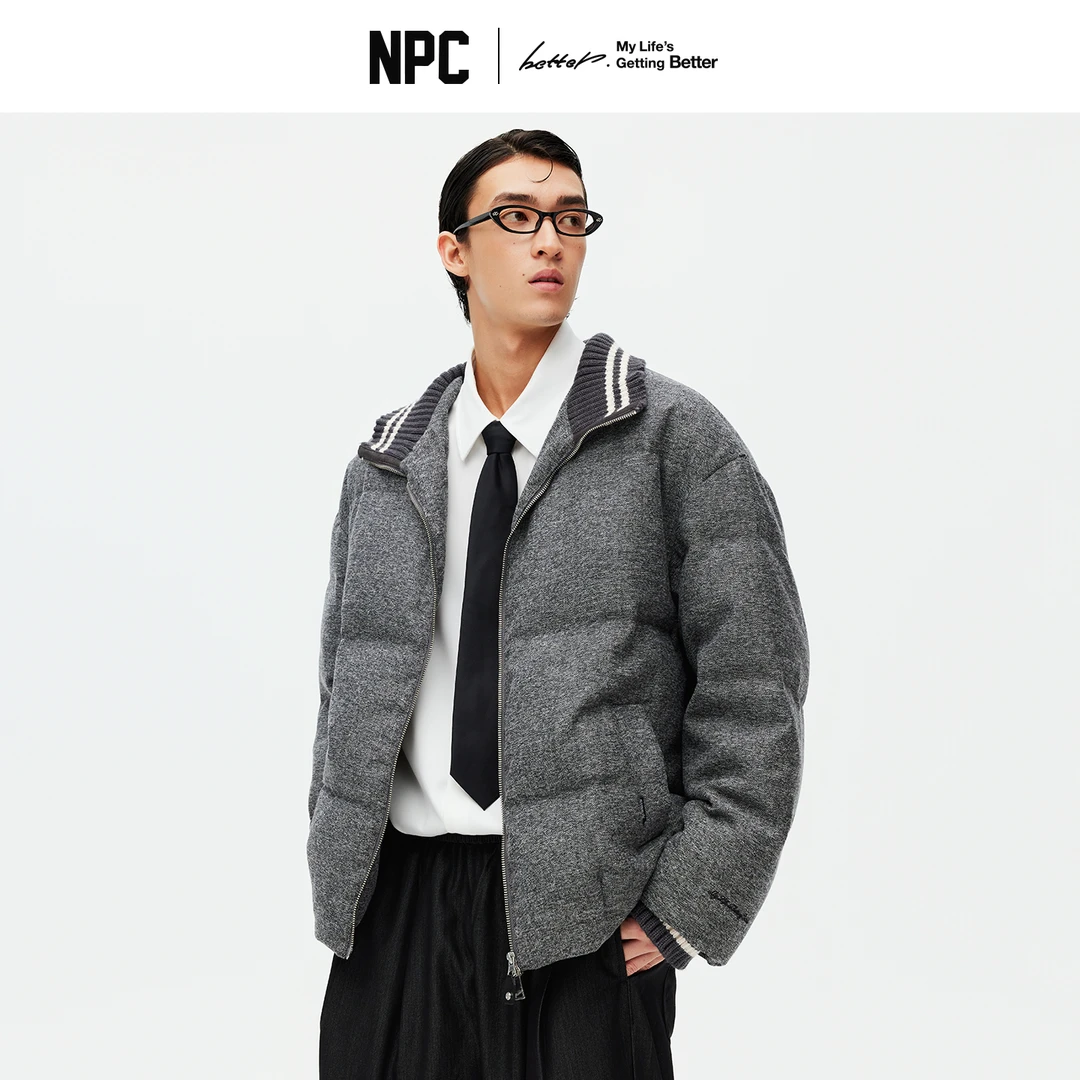 NPC潮牌90鸭绒毛织拼接撞色立领拉链羽绒服短款夹克男NP58DJ40