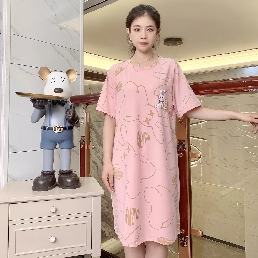 纯棉睡裙大码薄款韩版夏季新款纯棉透气女士短袖睡裙宽松
