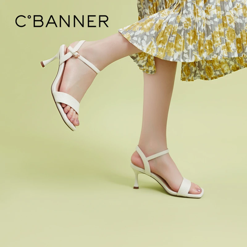 【静音系列】千百度女鞋时装凉鞋一字带高跟鞋羊皮百搭A23374012