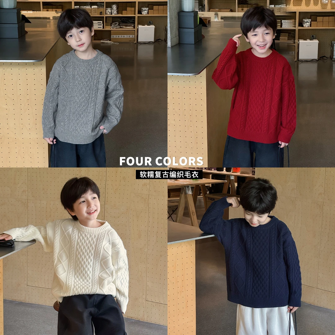 男童冬季新款纯色宽松中小童针织衫韩版百搭加厚儿童毛衣