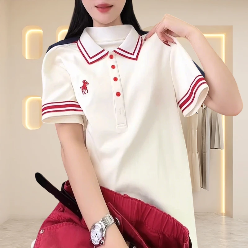 韩式休闲大码翻领t恤女士纯棉短袖今年新款潮牌百搭刺绣polo衫女