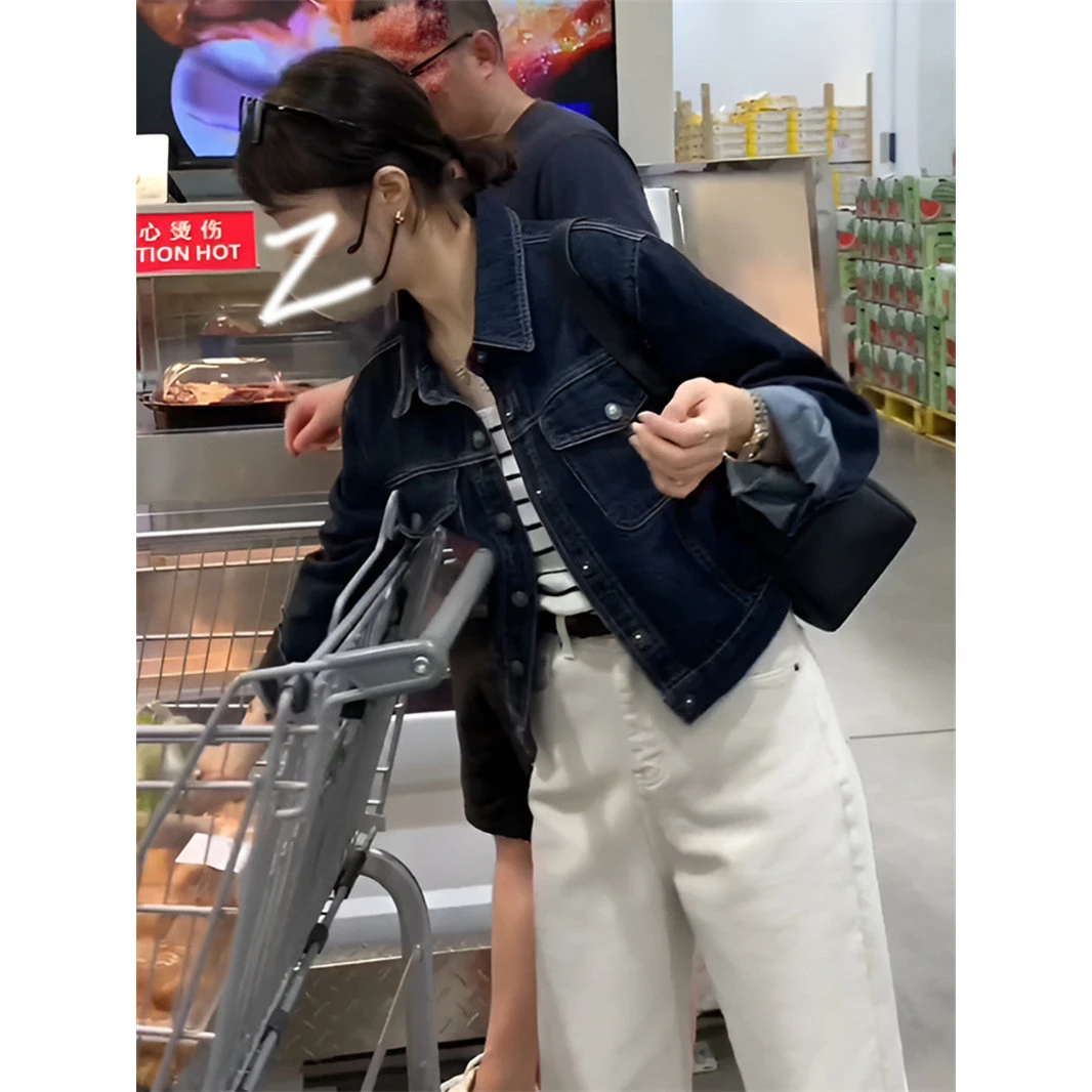 韩版复古深蓝色牛仔外套女装秋季2025新款短款宽松夹克上衣女款