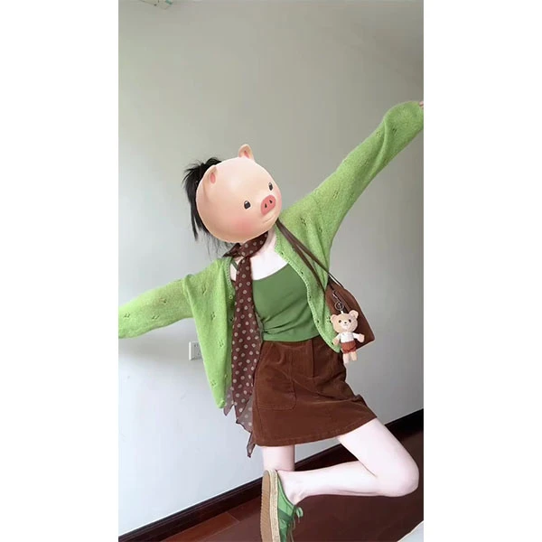 韩系温柔风勾花镂空绿色针织开衫女2025早秋新款上衣背心裙子套装