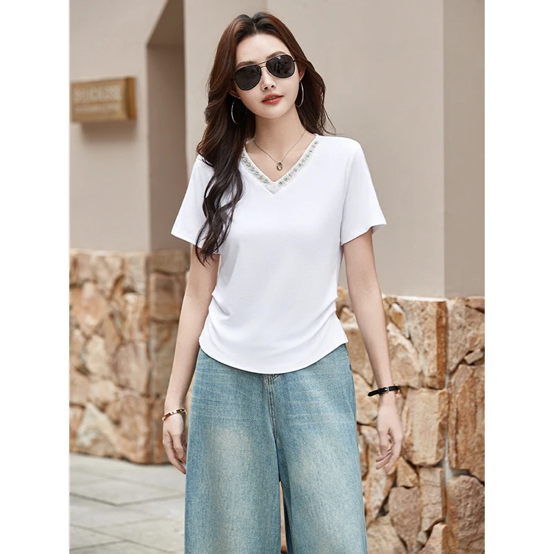 韩系大码女装拼钻V领气质微胖显瘦短袖T恤女百搭纯色上衣