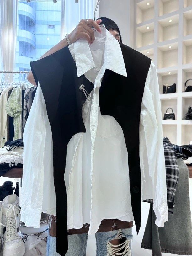 秋季新款宽松长袖衬衫马甲两件套法式休闲风格