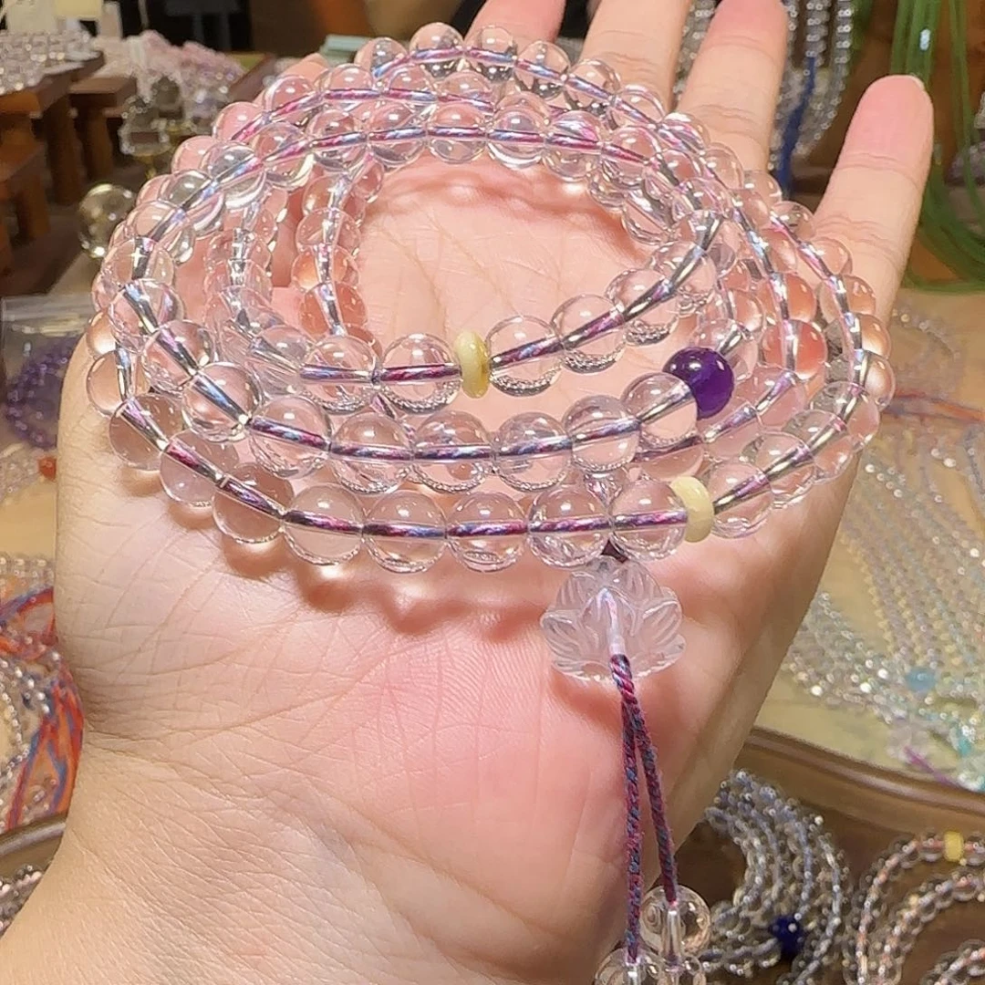 姜***咪水晶手串未镶嵌天然白水晶全净体108颗