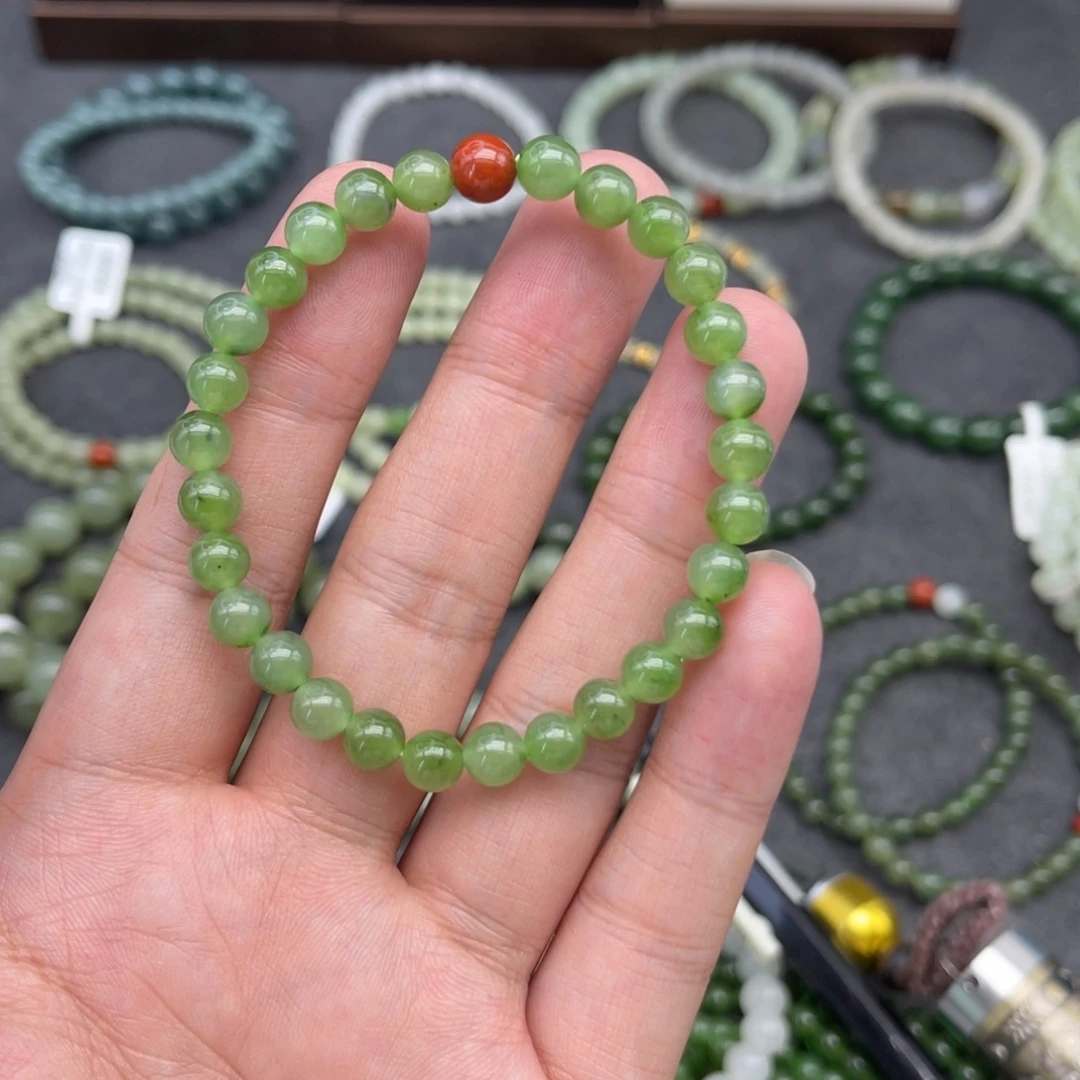 和田玉未镶嵌手串卡6碧玉苹果绿