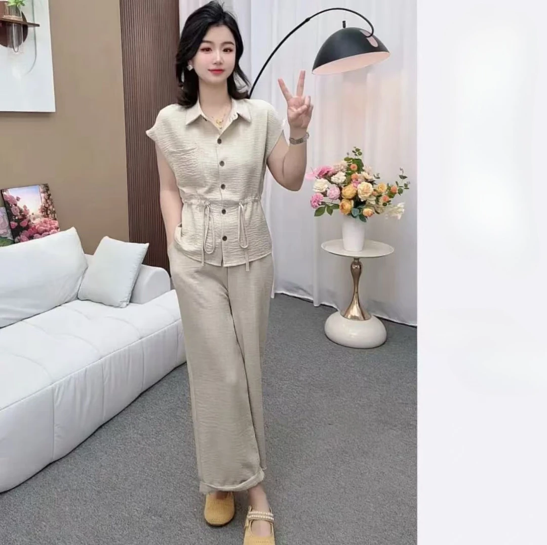 【现货】2025新款夏季宽松短袖衬衫九分裤套装时尚休闲两件套女