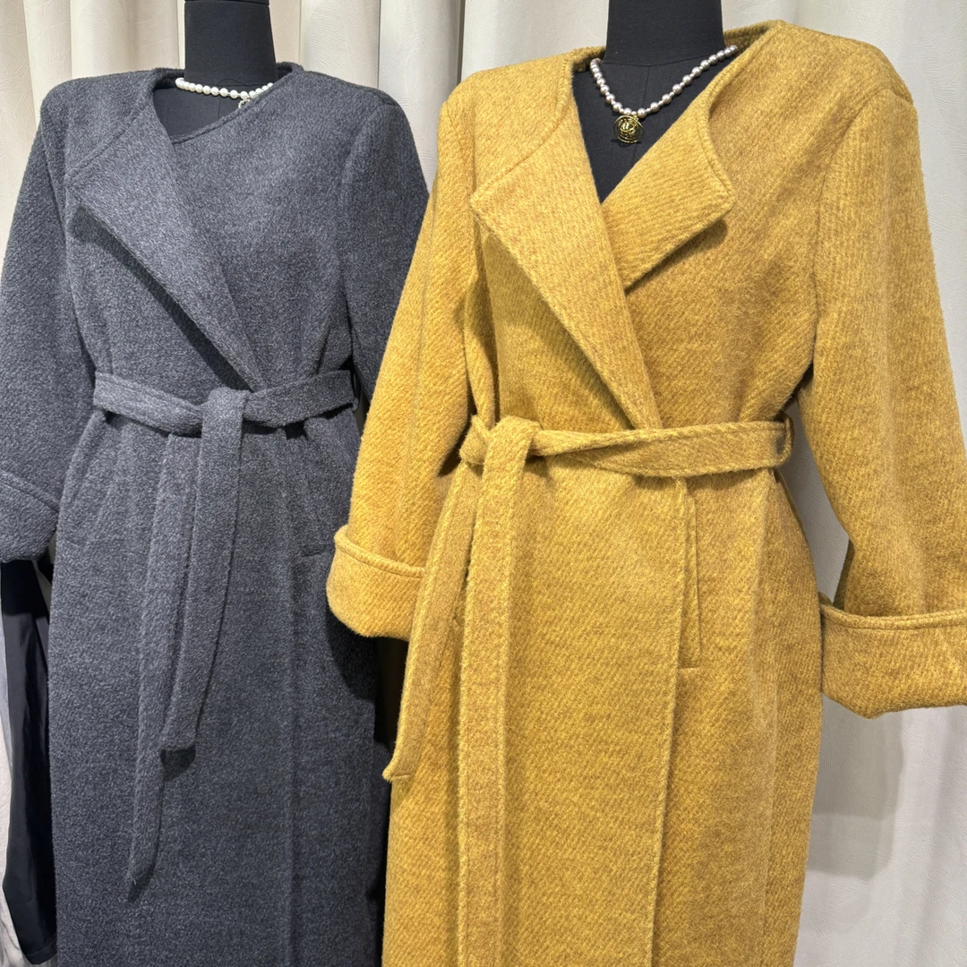 秋冬新款韩系显瘦减龄黄玫瑰腰带中长款毛呢外套女气质